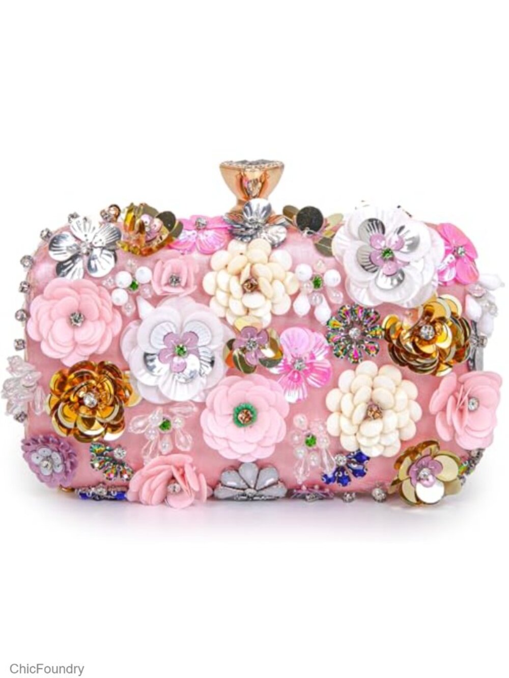 Sequin PU Leather Evening Clutch with 3D Flowers Chain Strap